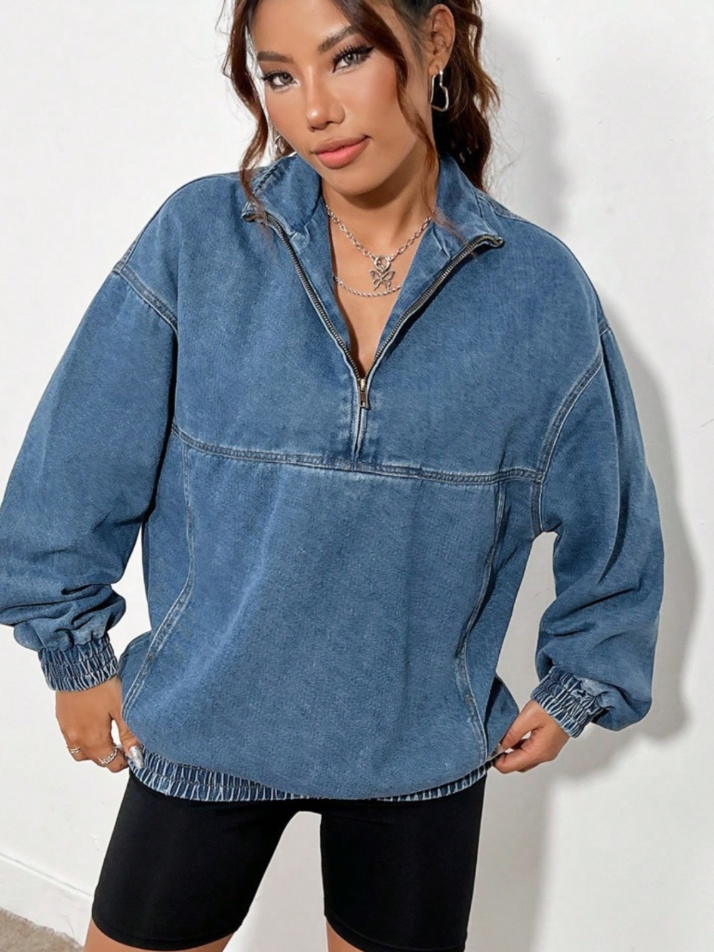Woman’s Half Zip Elasticized Hem Denim Jacket in various - Picture 4 of 5